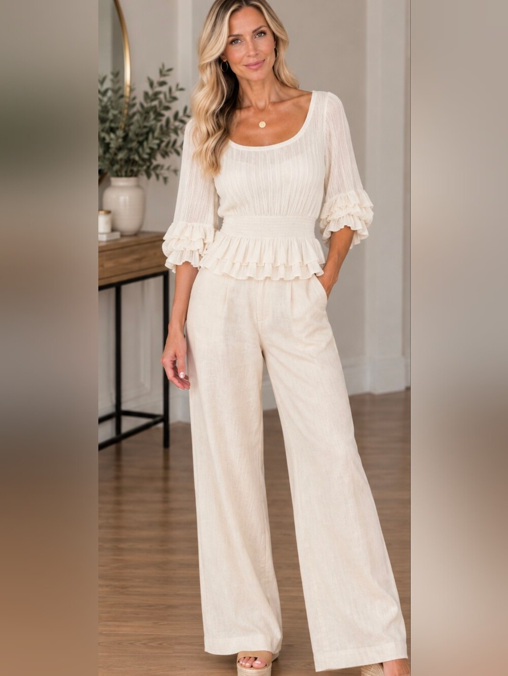 Anthropologie Cream Pleated Waist Knit Tunic